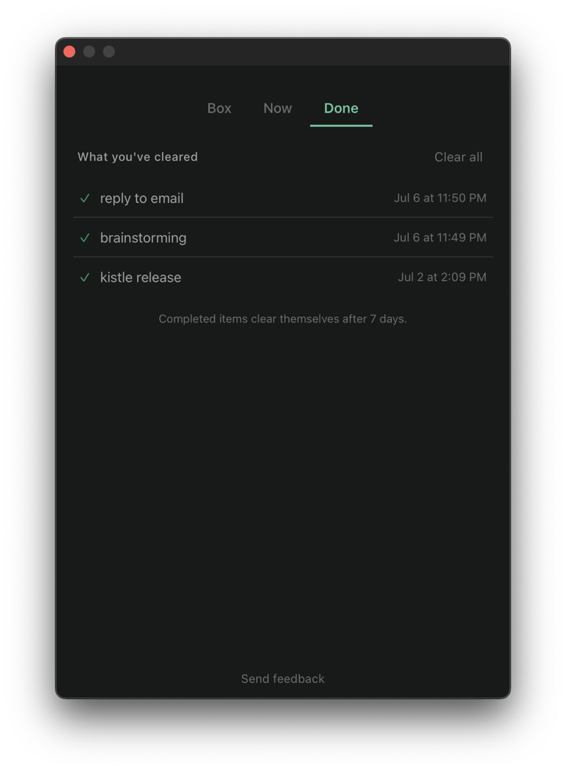 The Done tab in Kistle: completed items that clear themselves after seven days