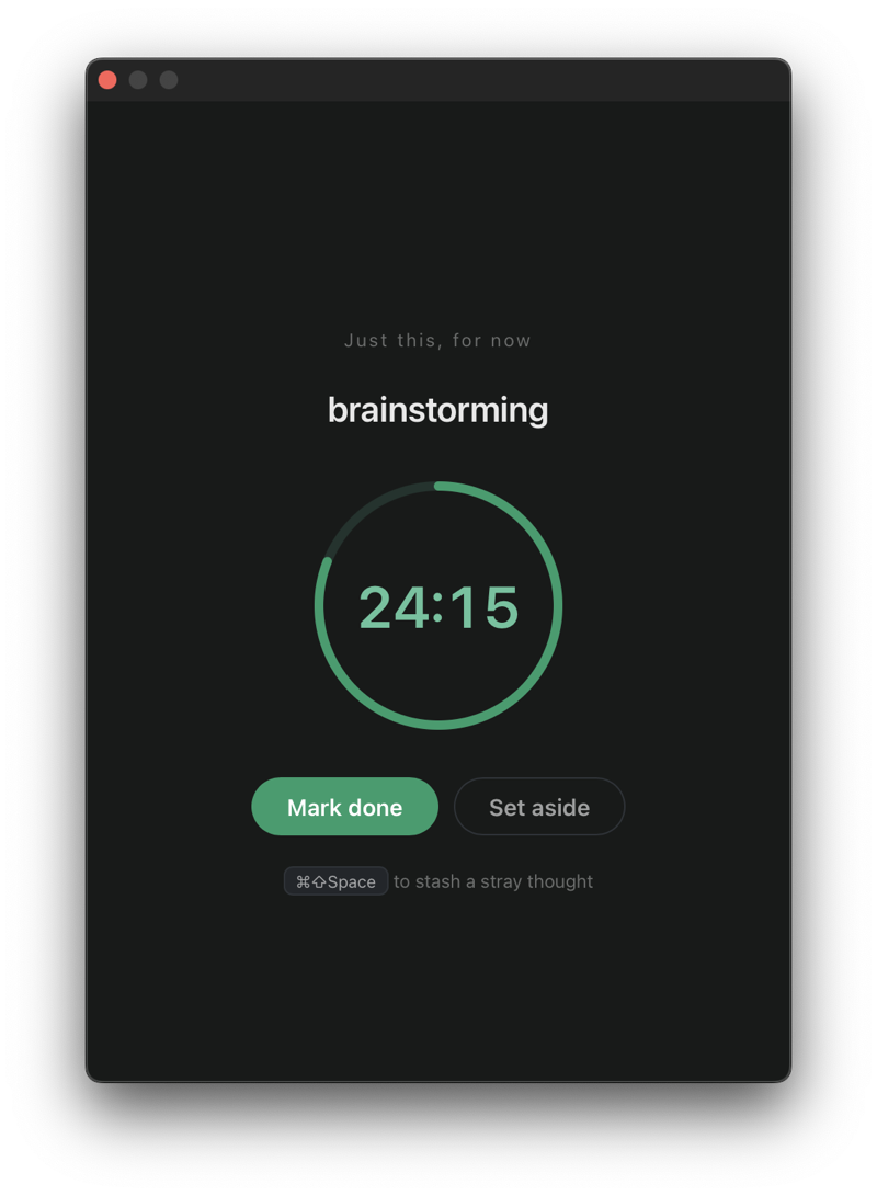 The Now screen in Kistle: a single task with a calm countdown ring